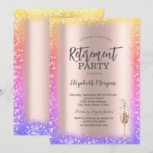 Sequins Colorful Frame Rose Gold Retirement  招待状 (正面/裏面)
