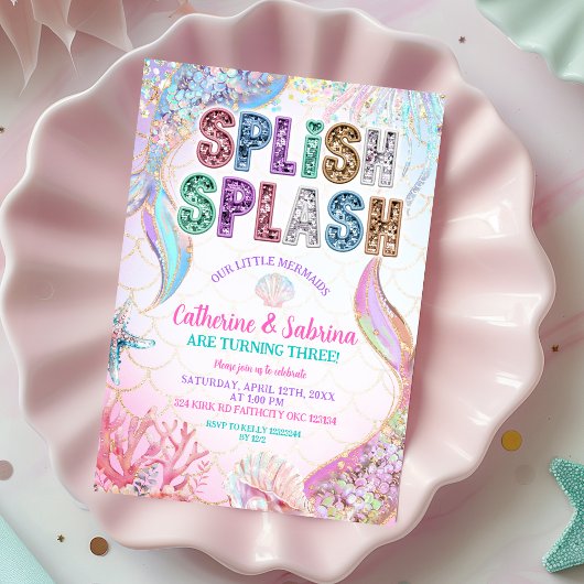 Sequins Glitters Mermaids Sibling Twins Birthday 招待状