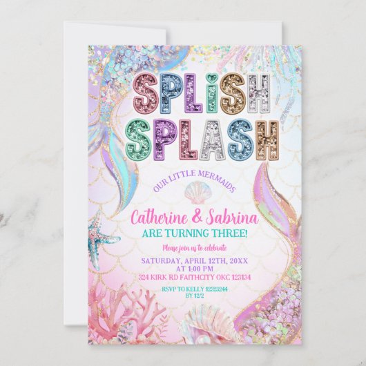 Sequins Glitters Mermaids Sibling Twins Birthday 招待状 (正面)