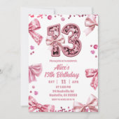 Sequins Pink Bow 13 Girl Birthday Invitation 招待状 (正面)