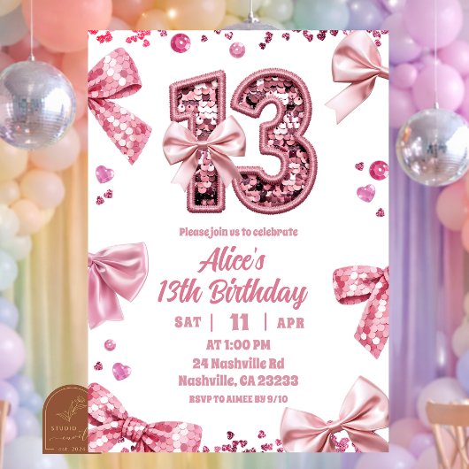 Sequins Pink Bow 13 Girl Birthday Invitation 招待状