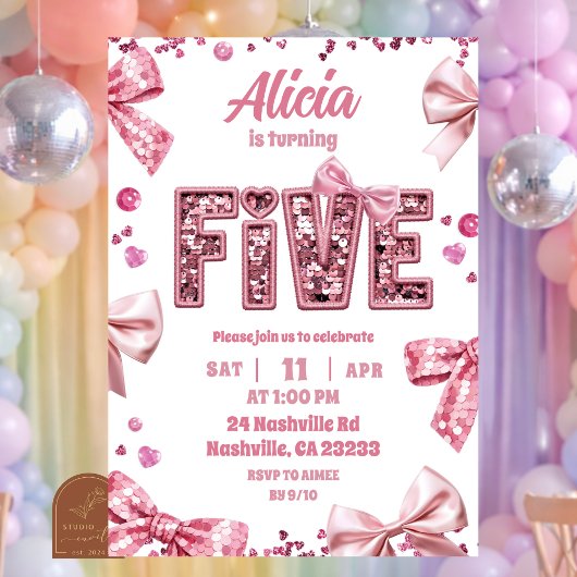 Sequins Pink Bow FIVE Girl Birthday 招待状
