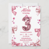Sequins Pink Bow Three Girl Birthday 招待状 (正面)