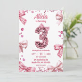 Sequins Pink Bow Three Girl Birthday 招待状 (スタンド正面)
