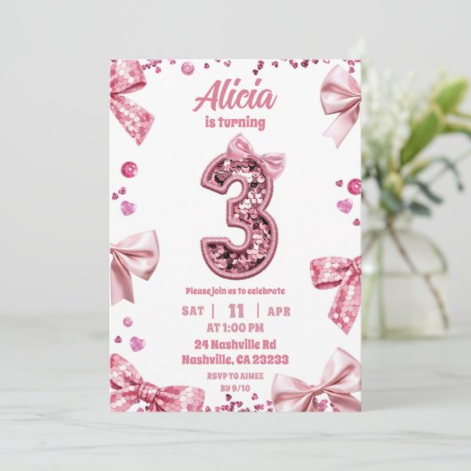 Sequins Pink Bow Three Girl Birthday 招待状 (スタンド正面)