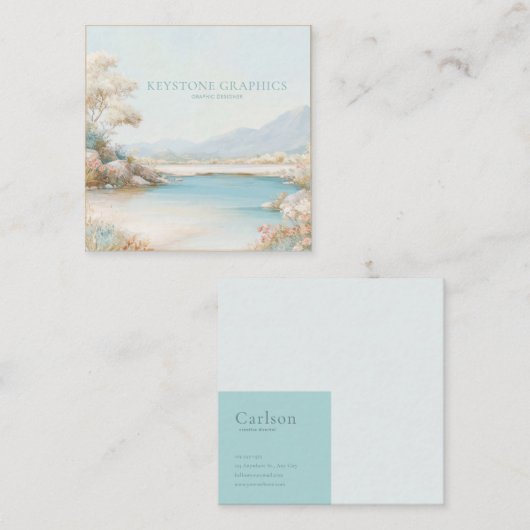 Serene Aqua Lakeside Gold Frame Romantic Floral スクエア名刺 (正面/裏面)