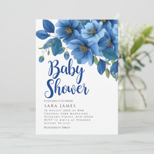 Serene Azure Bloom Baby Shower Invitation 招待状 (スタンド正面)