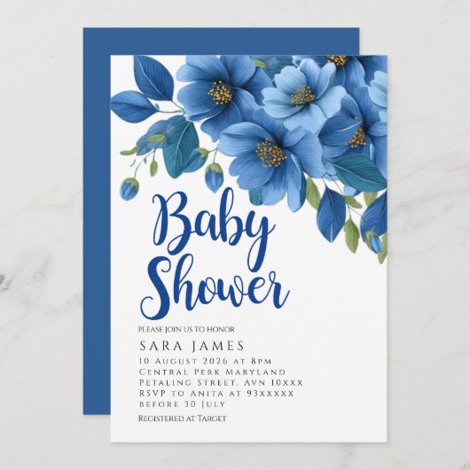Serene Azure Bloom Baby Shower Invitation 招待状 (正面/裏面)