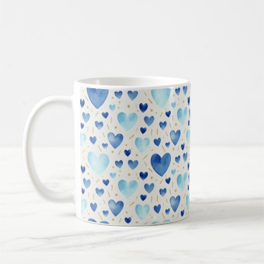 Serene Azure & Gold Watercolor Hearts コーヒーマグカップ (左)