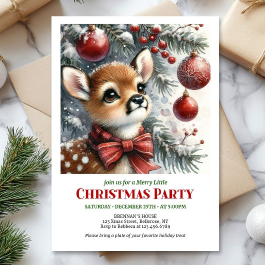 Serene baby deer watercolor Christmas invitation  招待状