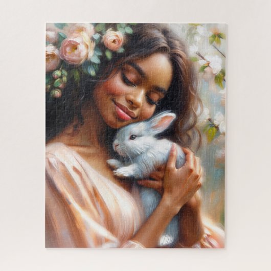 Serene Black Woman With Rabbit Floral Art Puzzle ジグソーパズル (縦)
