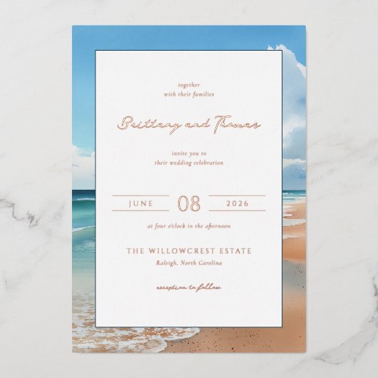 Serene Blue Beach Waves 箔招待状 (正面)