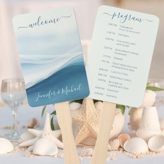 Serene Blue Beach Wedding Program ハンドファン