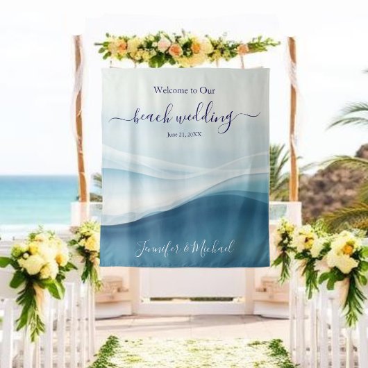 Serene Blue Beach Wedding Welcome Sign タペストリー