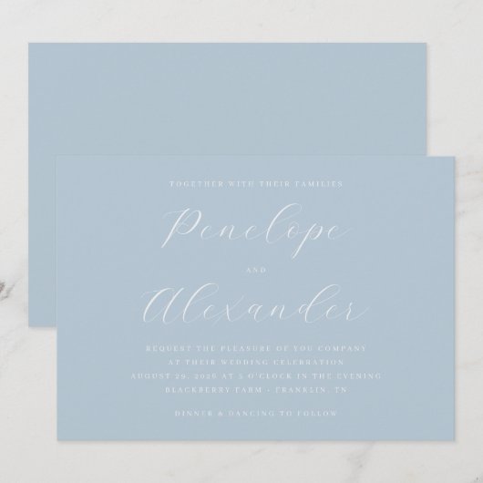 Serene Blue Elegant Calligraphy 招待状 (正面/裏面)