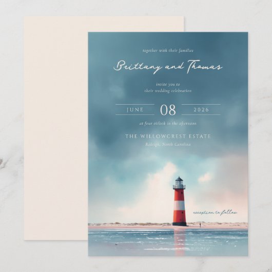 Serene Blue Lighthouse Beach 招待状 (正面/裏面)