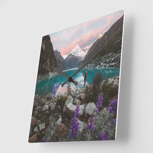 Serene Blue Mountain & River Wall Clock – Modern H スクエア壁時計 (傾斜)