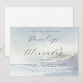 Serene Blue Watercolor Lighthouse 招待状 (正面/裏面)