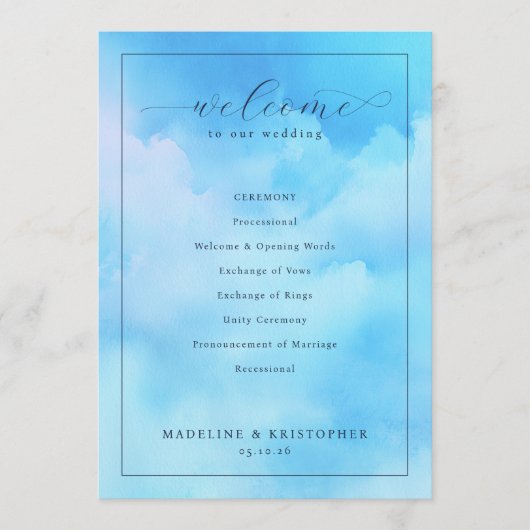 Serene Blue Watercolor Wedding Ceremony プログラム (正面)