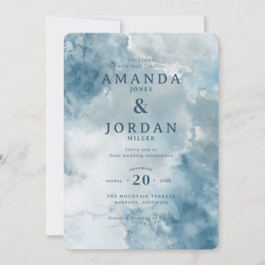 Serene Blue Watercolor Wedding Invitation 招待状 (正面)