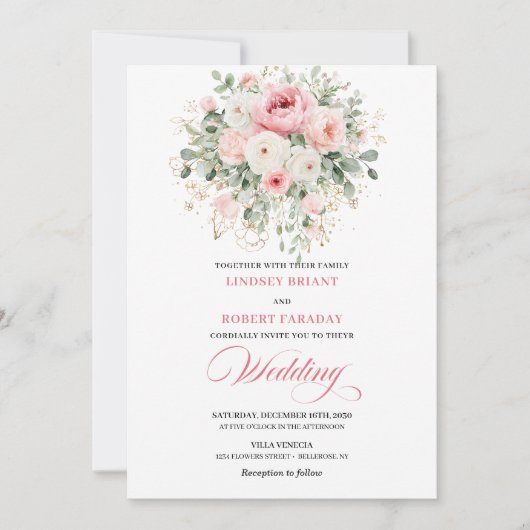 Serene Blush Roses Greenery Wedding Invitation 招待状 (正面)