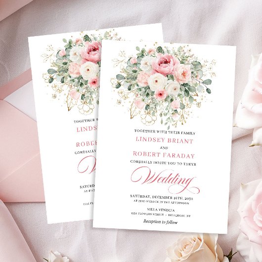 Serene Blush Roses Greenery Wedding Invitation 招待状