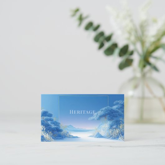 Serene Chinoiserie Winter Blue Pine Gold Frame 名刺 (スタンド正面)