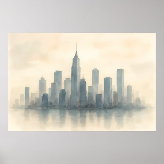 Serene Cityscape Reflection Print, Modern Skyline ポスター (正面)