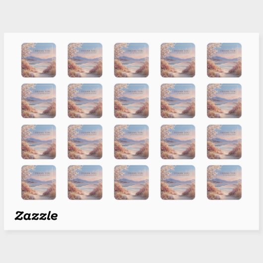 Serene Coastal Blossom Pink Gold Frame Landscape スクエアシール (シート)