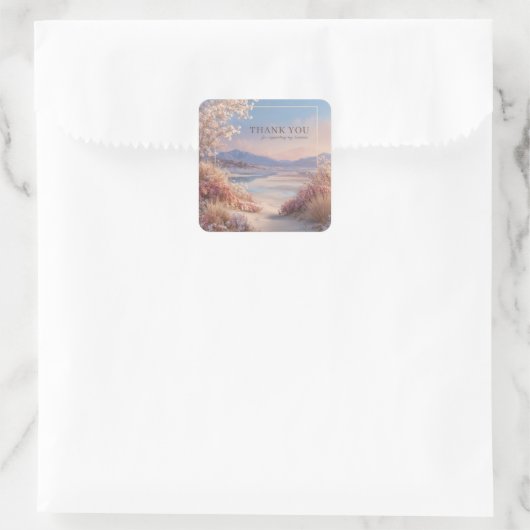 Serene Coastal Blossom Pink Gold Frame Landscape スクエアシール (バッグ)