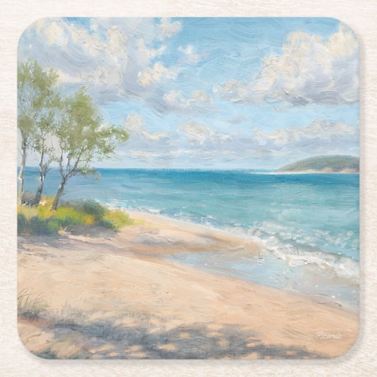 Serene Coastal Morning Impressionist Beach Art スクエアペーパーコースター (正面)