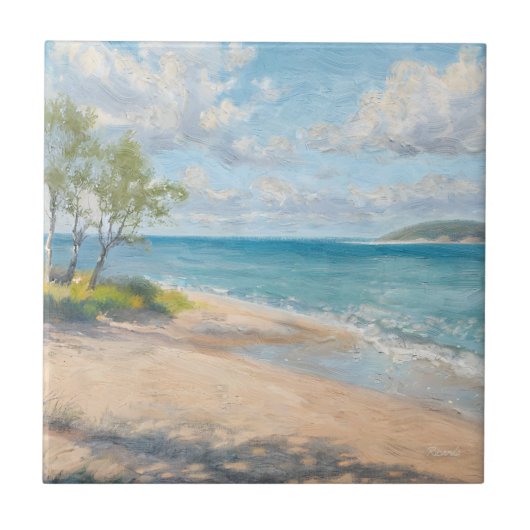 Serene Coastal Morning Impressionist Beach Art タイル (正面)