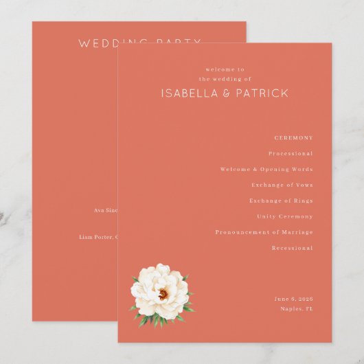 Serene Coral Floral Wedding Ceremony Schedule プログラム (正面/裏面)