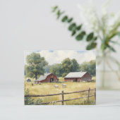 Serene Country Farm Scene with Red Barn and Cattle ポストカード (スタンド正面)