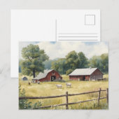Serene Country Farm Scene with Red Barn and Cattle ポストカード (正面/裏面)
