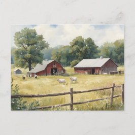 Serene Country Farm Scene with Red Barn and Cattle ポストカード
