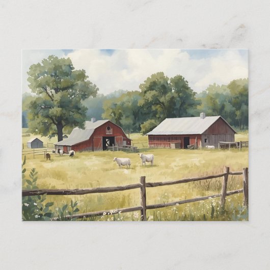Serene Country Farm Scene with Red Barn and Cattle ポストカード (正面)