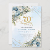 Serene dusty blue watercolor florals 70th birthday 招待状 (正面)