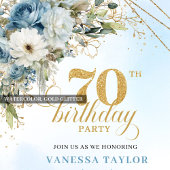 Serene dusty blue watercolor florals 70th birthday 招待状