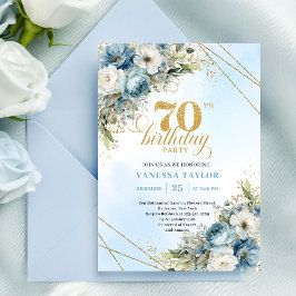 Serene dusty blue watercolor florals 70th birthday 招待状