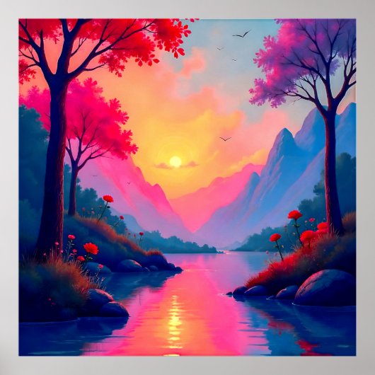 Serene Fantasy Sunset River Mountain Landscape ポスター (正面)