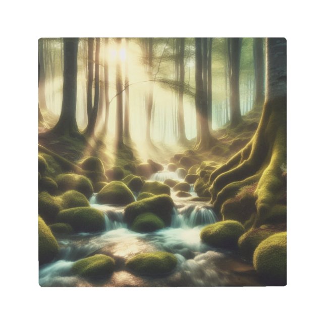Serene Forest Stream in Soft Light – Metal Art メタルプリント (正面)