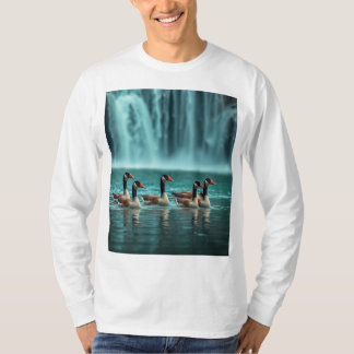 "Serene Geese Family by the Waterfall -自然 – イン Tシャツ