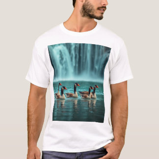 "Serene Geese Family by the Waterfall -自然 – イン Tシャツ