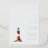 Serene Gray Lighthouse Nautical 箔招待状 (正面)