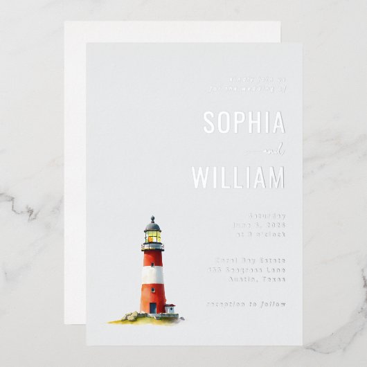 Serene Gray Lighthouse Nautical 箔招待状 (正面/裏面)