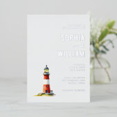 Serene Gray Lighthouse Nautical 箔招待状 (立ち正面)
