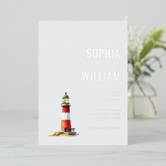 Serene Gray Lighthouse Nautical 箔招待状 (立ち正面)