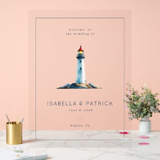 Serene Gray Watercolor Lighthouse アクリルサイン (ウェディング)