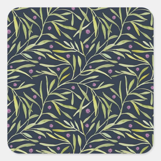 Serene Green Leafy Vines with Pink Flowers スクエアシール (正面)